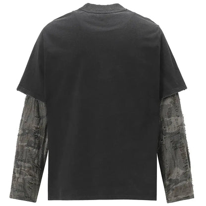 Vintage T Shirt Camouflage Patchwork Fake Two Piece Long Sleeve T-shirt Tee Tops Streetwear Harajuku Hip Hop Oversized Tshirt Hominus Denim