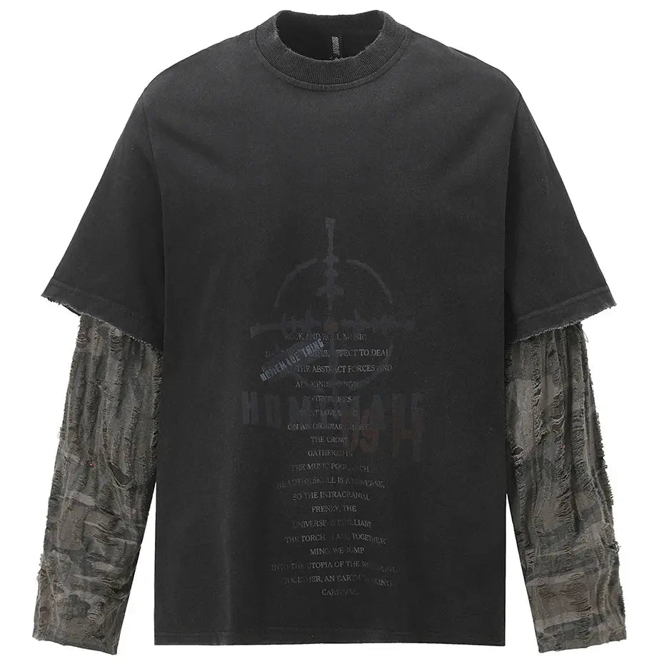 Vintage T Shirt Camouflage Patchwork Fake Two Piece Long Sleeve T-shirt Tee Tops Streetwear Harajuku Hip Hop Oversized Tshirt Hominus Denim