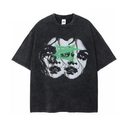 Washed Black Ripped Vintage Double Faces Graphic Tee