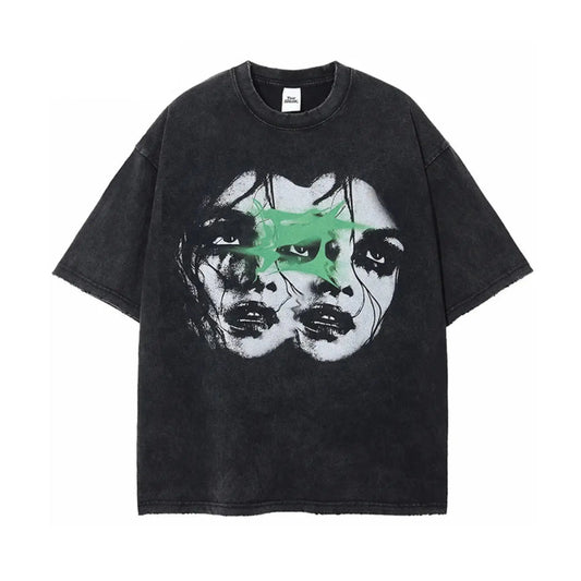 Washed Black Ripped Vintage Double Faces Graphic Tee