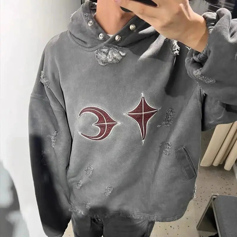 Washed Destroyed Oversized Red Design Hoodie