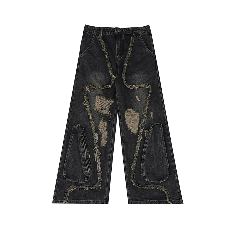 Washed Destroyed Zip Pockets Denim Pant Hominus Denim