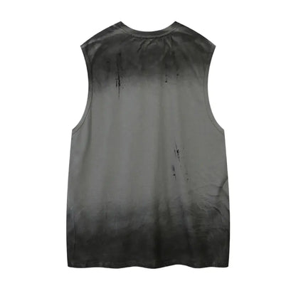 Washed Distressed Gradient Dyed Tank Tops Mens Letter Print Summer High Street Crew Neck Sleeveless Tops Men Hominus Denim