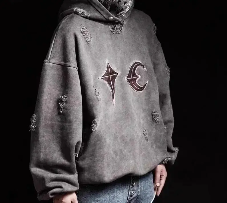 Washed Distressed Leather Patch Moon Star Hoodie Hominus Denim