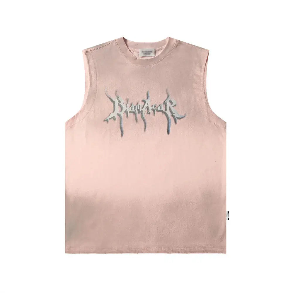 Washed Distressed Letter Print Tank Tops Mens High Street Summer Crew Neck Loose Sleeveless Ripped Singlets Men Hominus Denim