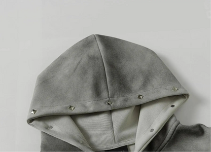 Washed Distressed Rivet Zipper Hoodie Hominus Denim