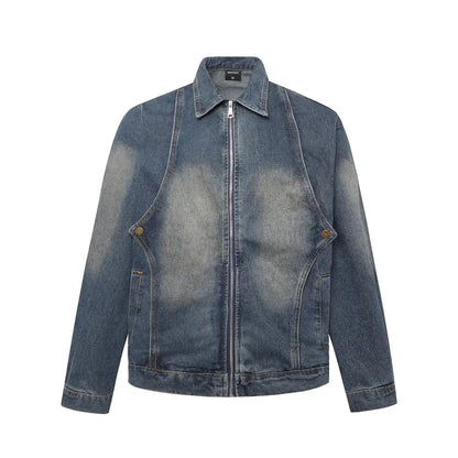 Washed Distressed Spliced Denim Jacket Mens Autumn Retro High Street Lapel Zipper Fly Long Sleeve Jeans Jacket Men Hominus Denim