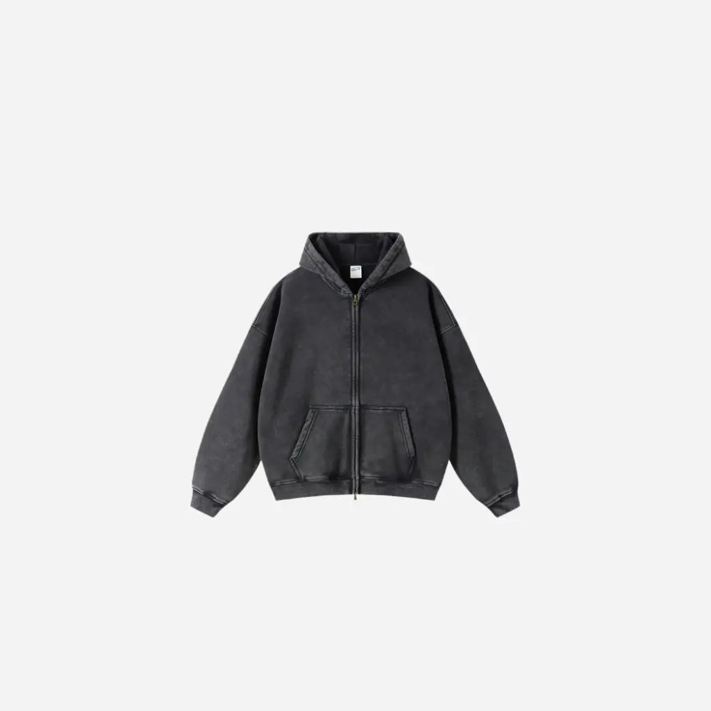 Washed Essential Casual Fleece Zip Hoodie Hominus Denim