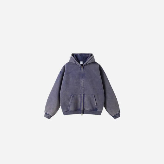 Washed Essential Casual Fleece Zip Hoodie Hominus Denim