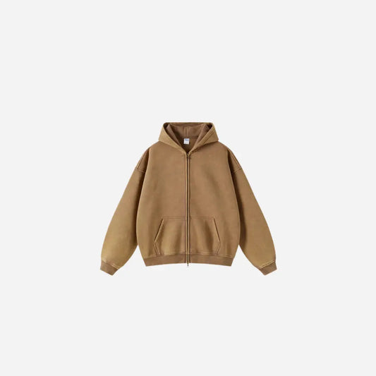 Washed Essential Casual Fleece Zip Hoodie Hominus Denim