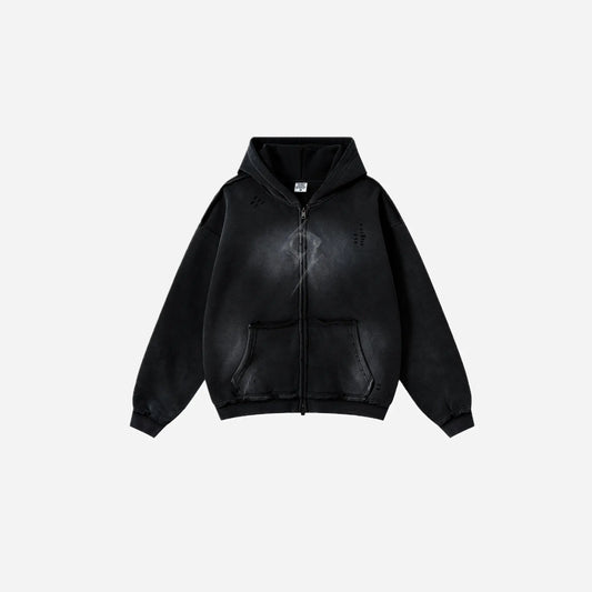 Washed Faded 9 Seal Logo Zip Hoodie Hominus Denim