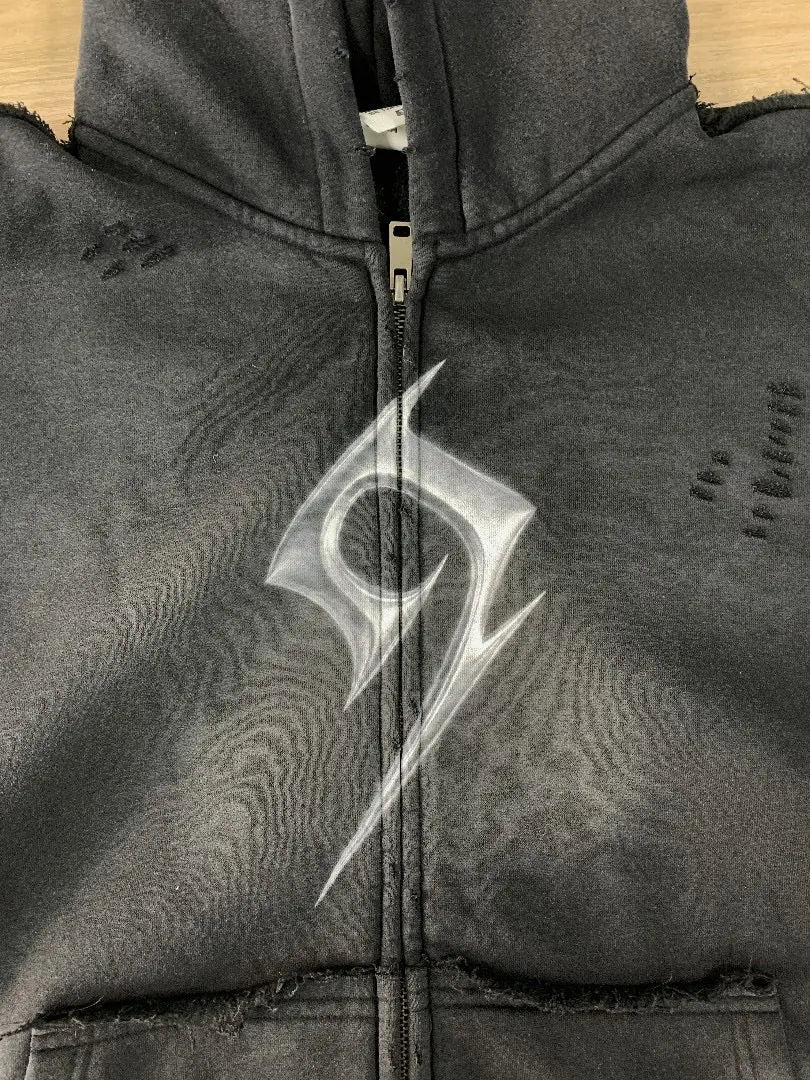 Washed Faded 9 Seal Logo Zip Hoodie Hominus Denim