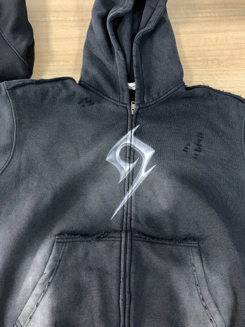 Washed Faded 9 Seal Logo Zip Hoodie Hominus Denim