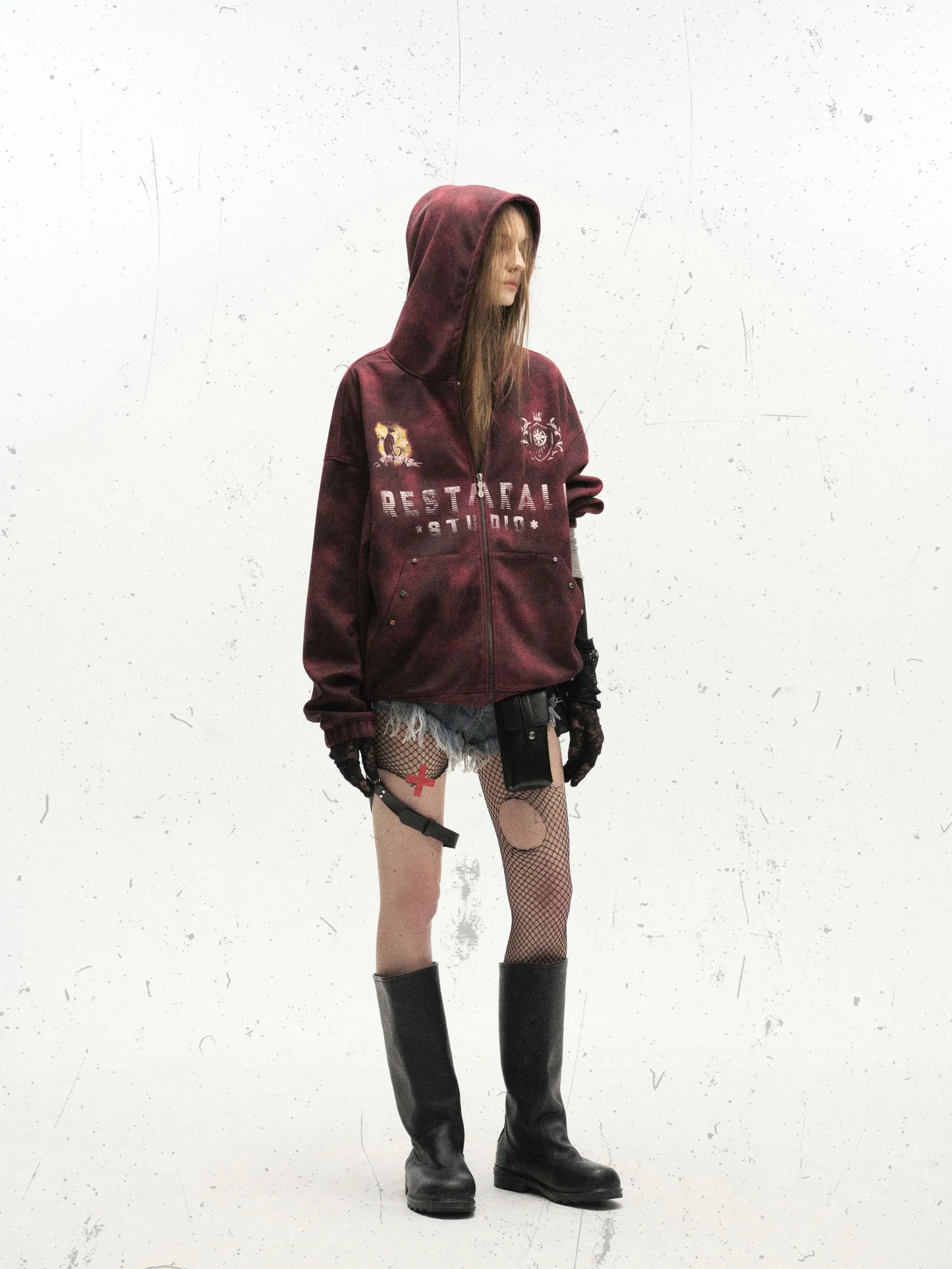 Washed Grunge Sport Graphic Zip Hoodie Hominus Denim