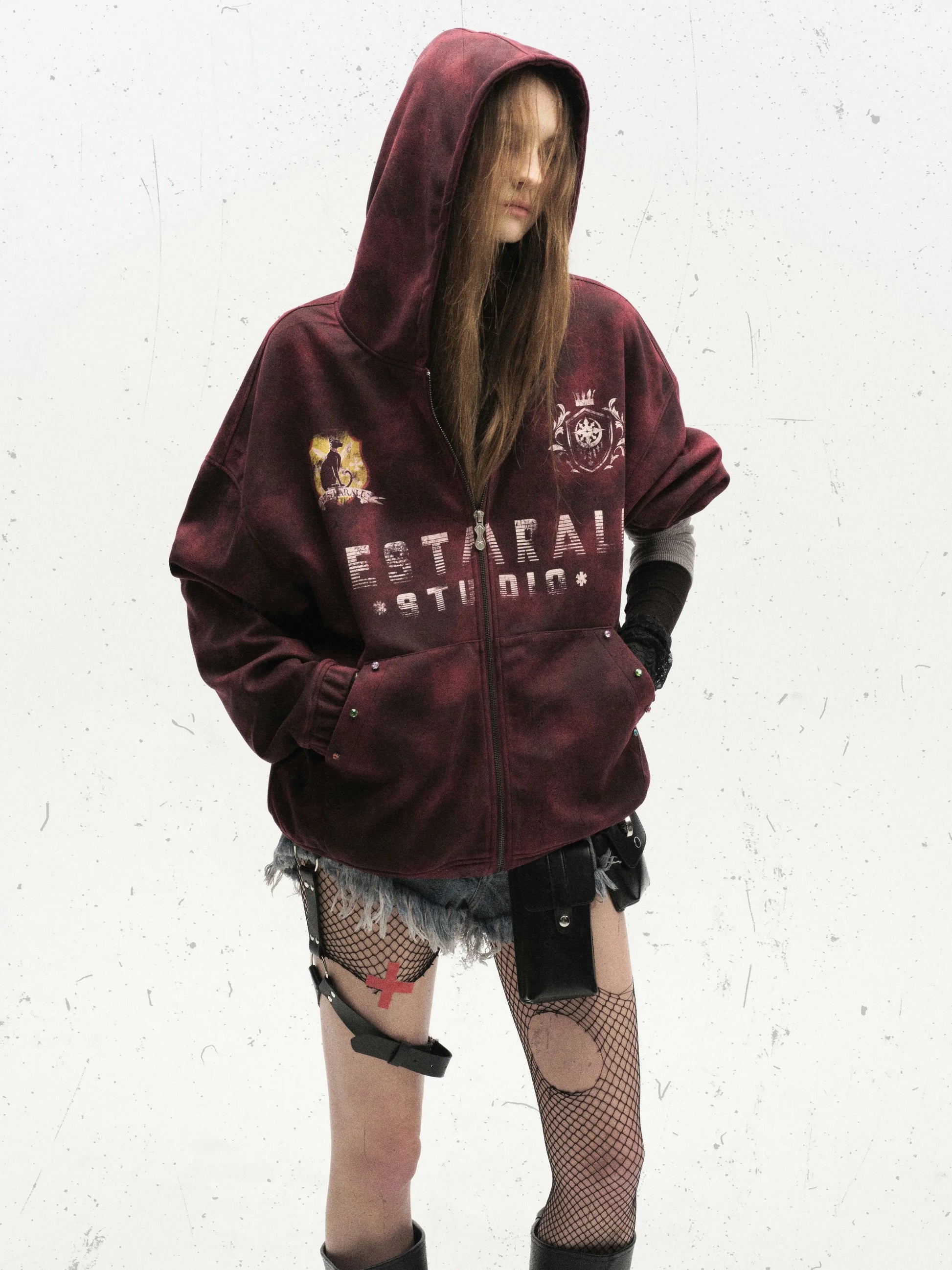 Washed Grunge Sport Graphic Zip Hoodie Hominus Denim