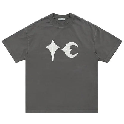Washed Patchwork Star Moon Embroidered Tee