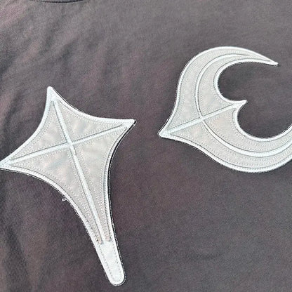 Washed Patchwork Star Moon Embroidered Tee
