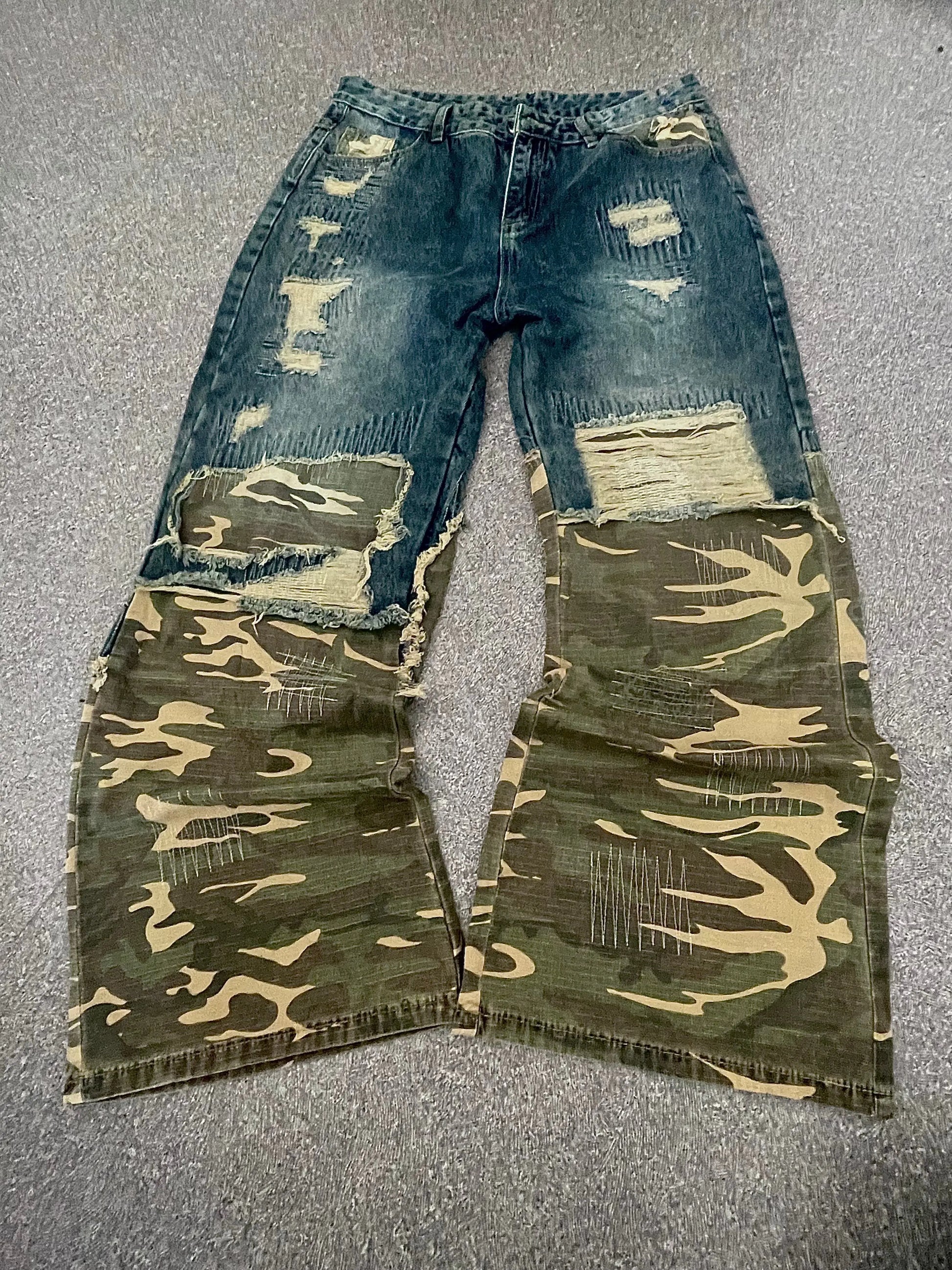 Washed Ripped Camouflage Spliced Jean Hominus Denim