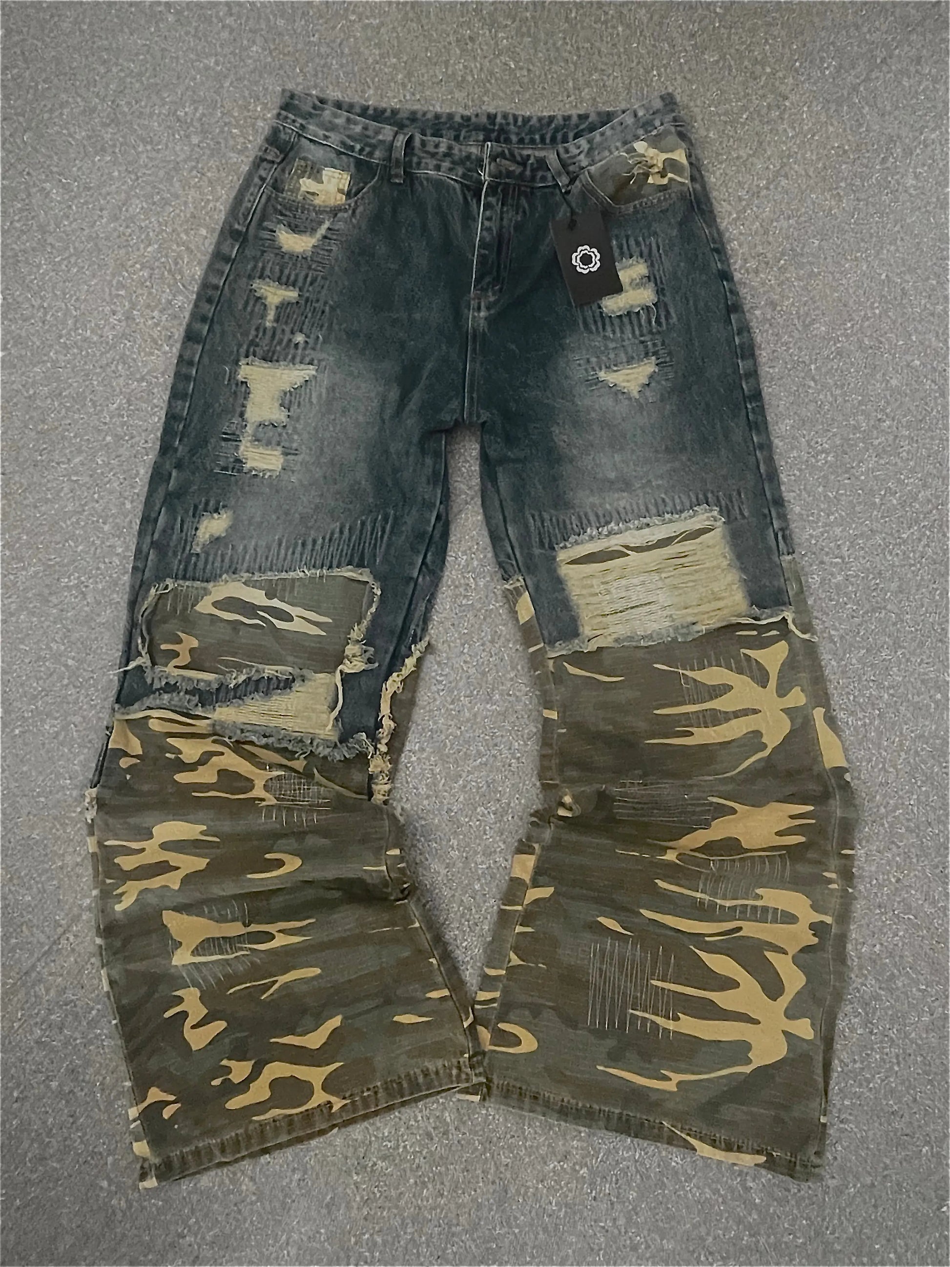 Washed Ripped Camouflage Spliced Jean Hominus Denim