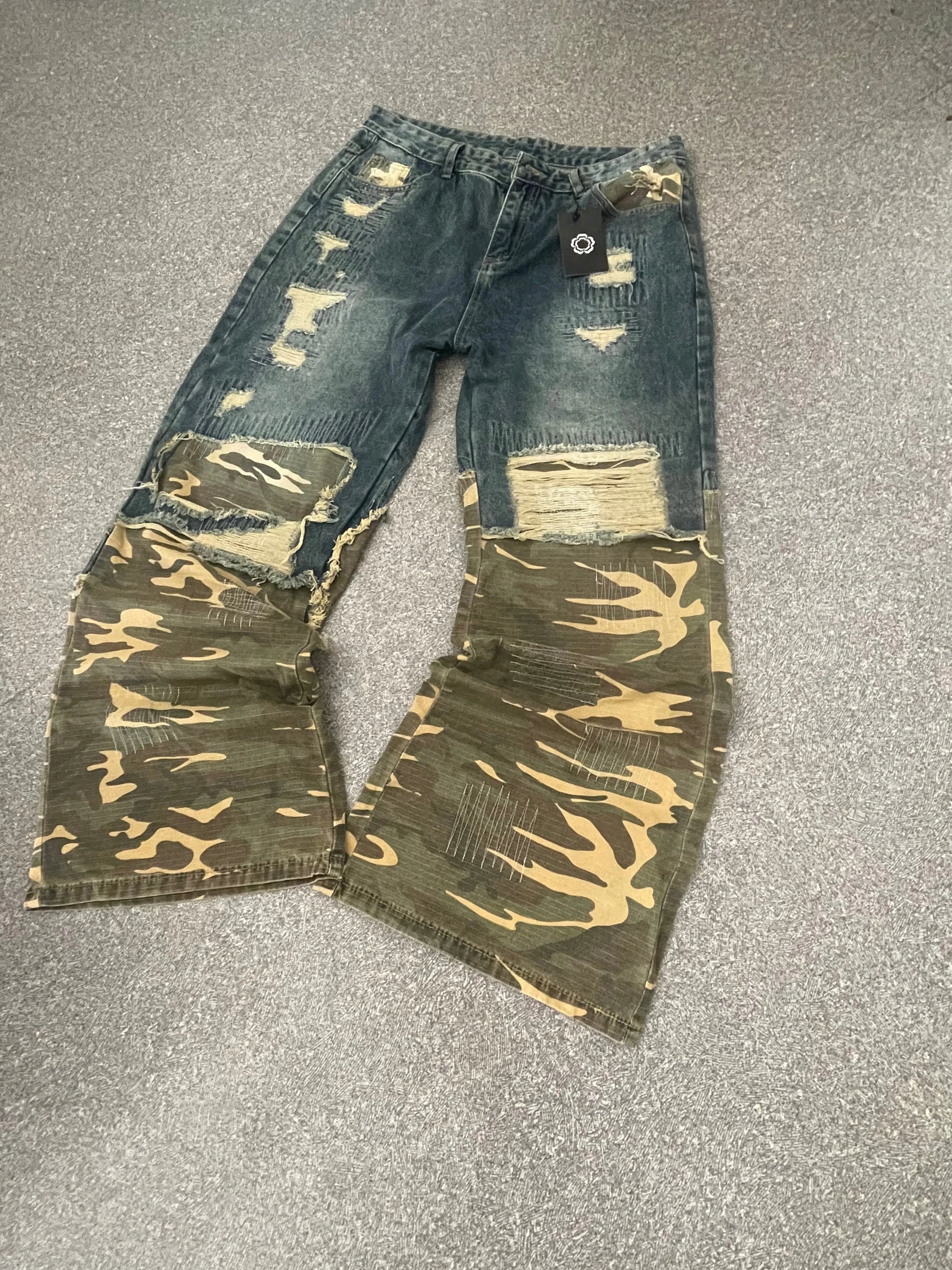 Washed Ripped Camouflage Spliced Jean Hominus Denim