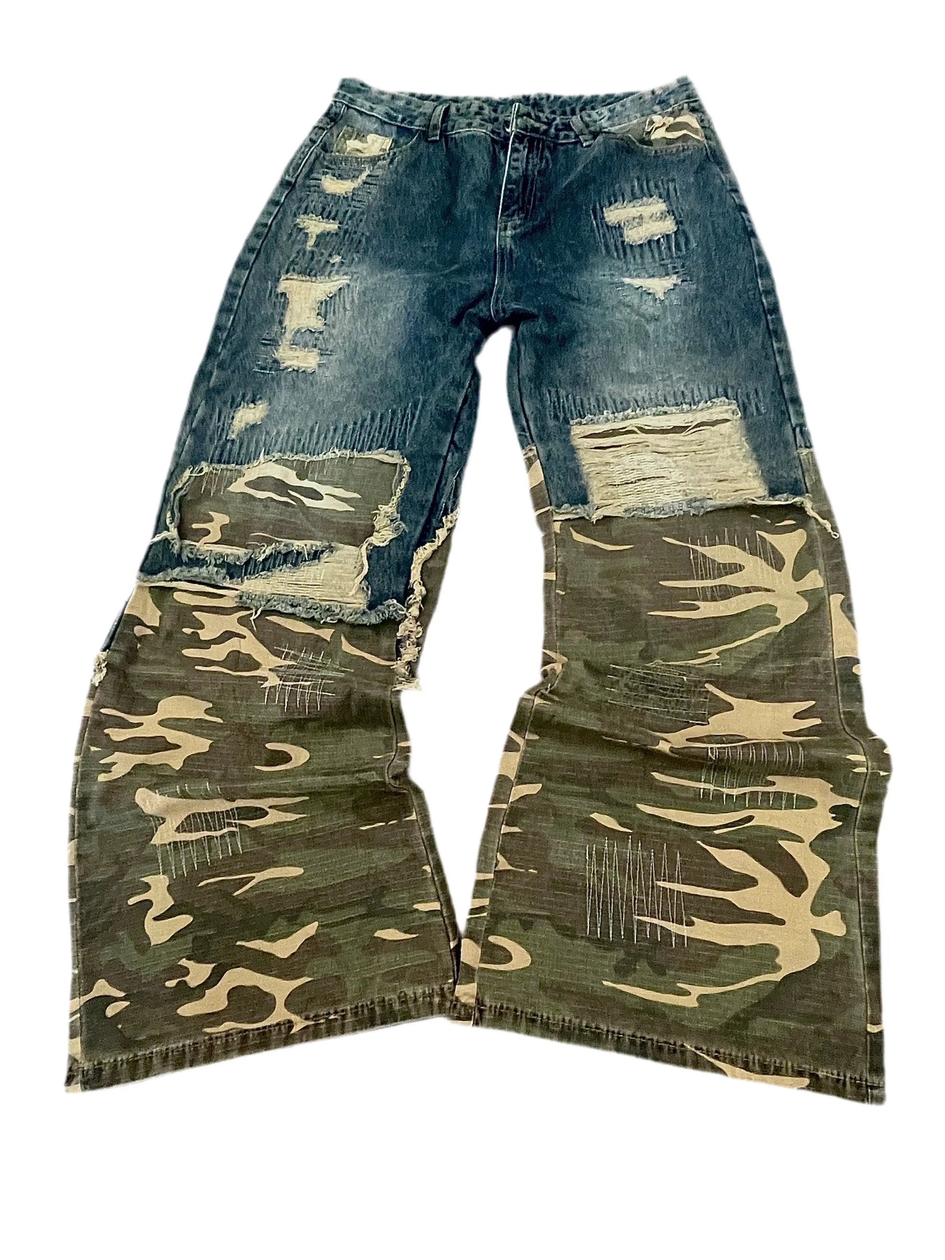 Washed Ripped Camouflage Spliced Jean Hominus Denim