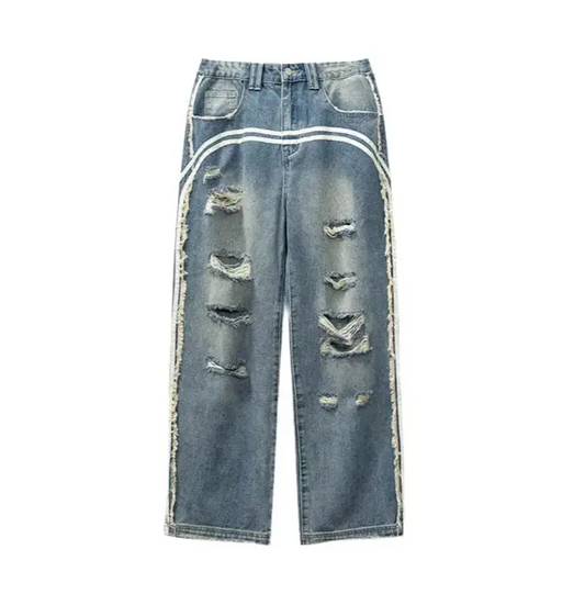 Washed Ripped Stripe Baggy Denim Jean Hominus Denim