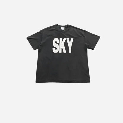 Washed Vintage Sky Letter Printed Tee Hominus Denim