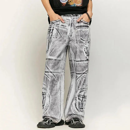 White Baggy Jeans Patchwork Graphic Printed Loose Denim Pants Men Streetwear Hip Hop Jeans Hominus Denim