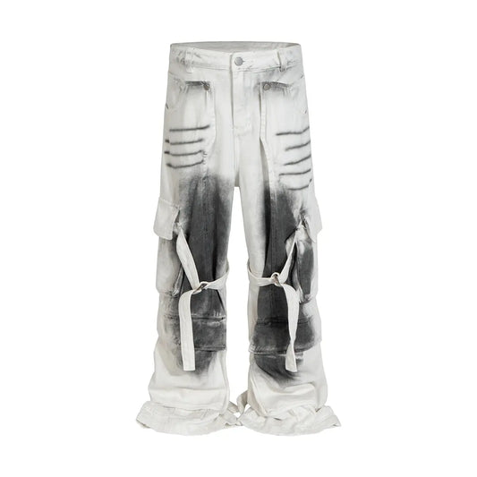 White Splashed Ink Distressed Jeans for Men streetwear Multi-pockets Baggy Cargo Pants Oversize Ropa Hombre Loose Denim Trousers Hominus Denim