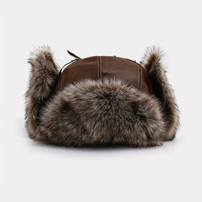 Winter Bomber Hat with Ear Flaps - Unisex Faux Fur Trapper Hat, Hand Washable PU Leather Outdoor Riding Cap, Inelastic Ear Warmer with Buckle Closure, Thick Thermal Windproof Aviator Hat Hominus Denim