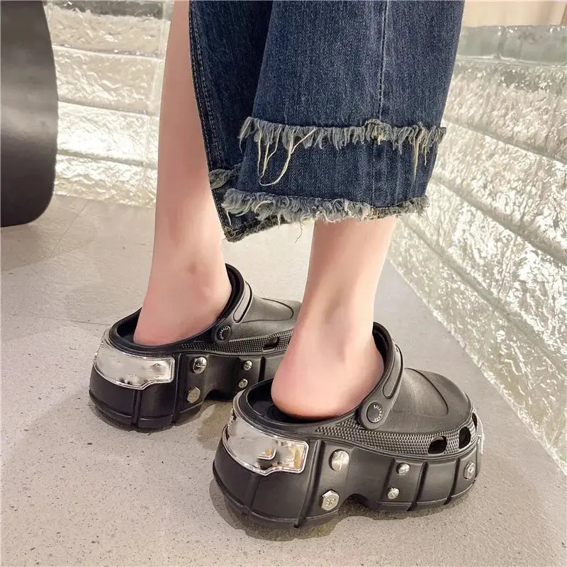 Women Creative Sandals Spring Summer Non-slip Female Slides Increasing Height Slipper Casual Party Shoes Rivets Slippers 2024 Hominus Denim