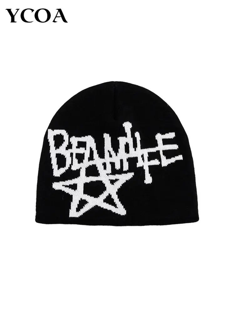 Women Hat Beanie Knitting Letter Star Graphic Winter Y2k Streetwear Black Aesthetic Korean Fashion Pullover Kpop Hip Hop Unisex Hominus Denim