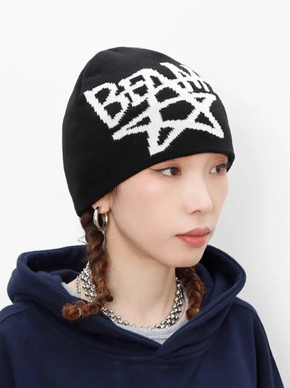 Women Hat Beanie Knitting Letter Star Graphic Winter Y2k Streetwear Black Aesthetic Korean Fashion Pullover Kpop Hip Hop Unisex Hominus Denim