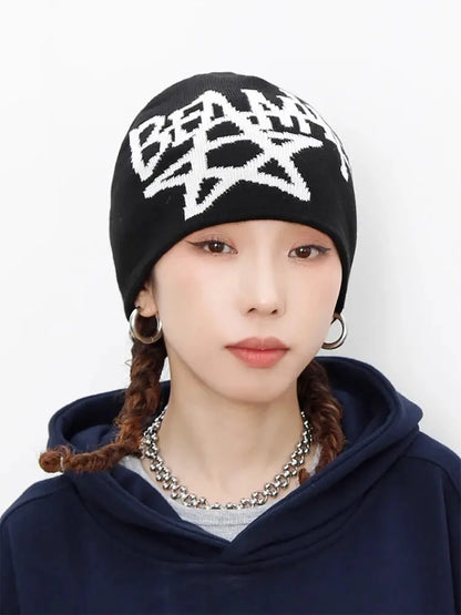 Women Hat Beanie Knitting Letter Star Graphic Winter Y2k Streetwear Black Aesthetic Korean Fashion Pullover Kpop Hip Hop Unisex Hominus Denim