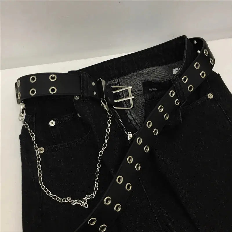 Women's Belt Trend Double Ring Belt Double Hole Eyelet Grommet Leather Buckle Punk Pin Belt Leisure Dress Jeans Gothic Waistband Hominus Denim