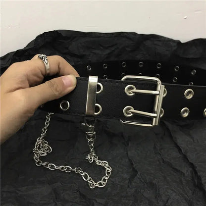 Women's Belt Trend Double Ring Belt Double Hole Eyelet Grommet Leather Buckle Punk Pin Belt Leisure Dress Jeans Gothic Waistband Hominus Denim