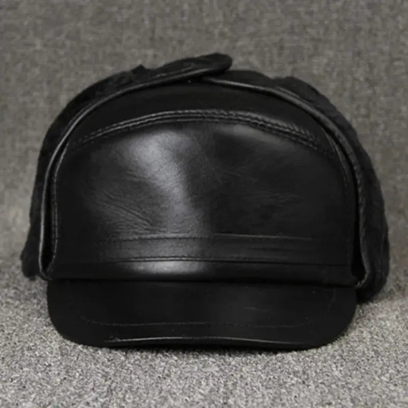 XdanqinX Genuine Leather Hat For Men Winter Warm Bomber Hats Earmuffs Plus Velvet Thick Sheepskin Hooded Ski Cap Dad Winter Caps Hominus Denim