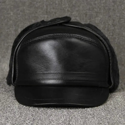 XdanqinX Genuine Leather Hat For Men Winter Warm Bomber Hats Earmuffs Plus Velvet Thick Sheepskin Hooded Ski Cap Dad Winter Caps Hominus Denim