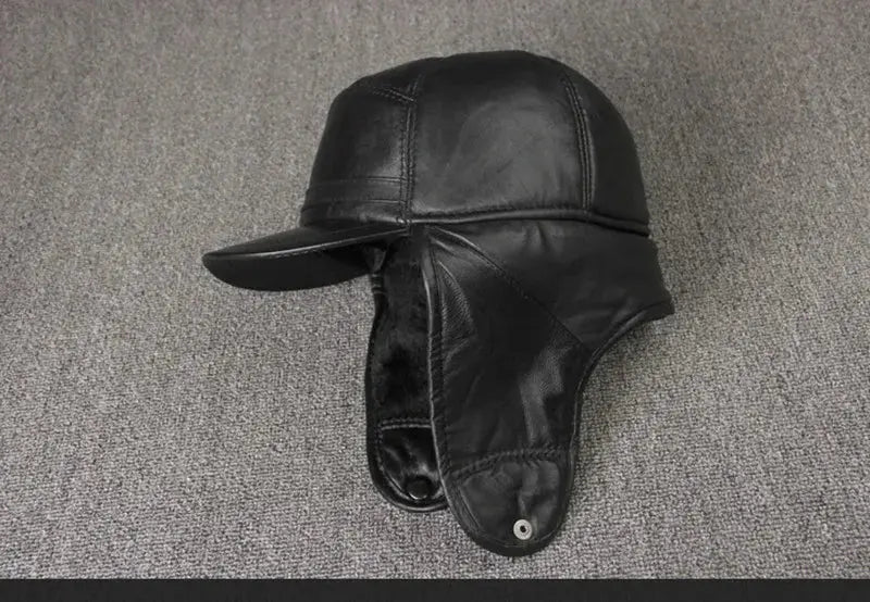 XdanqinX Genuine Leather Hat For Men Winter Warm Bomber Hats Earmuffs Plus Velvet Thick Sheepskin Hooded Ski Cap Dad Winter Caps Hominus Denim