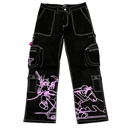 Y2K Black Cargo Printed Purple Pant