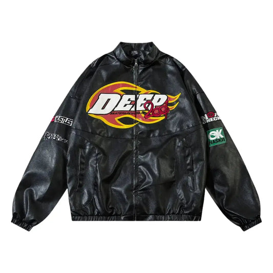 Y2K Flame Letter Embroidered Leather Jacket Hominus Denim