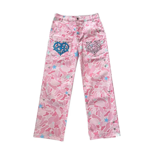 Y2K Pink Camouflage Embroidered Baggy Jean