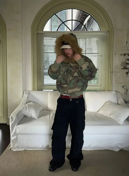 Y2K Streetwear Camouflage Hooded Fur Jacket Hominus Denim