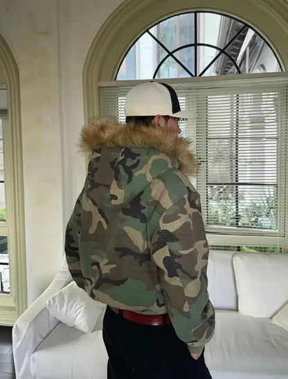 Y2K Streetwear Camouflage Hooded Fur Jacket Hominus Denim