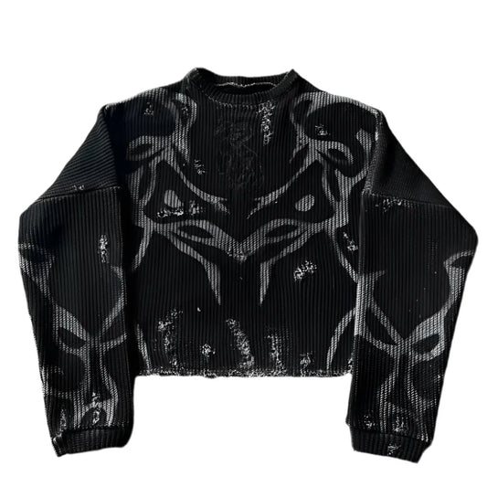 Y2K Washed Gothic Pattern Long Sleeve Sweater Hominus Denim