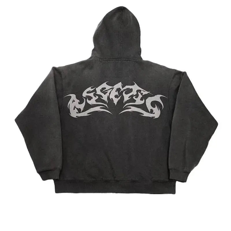 Y2K Washed Retro Gothic Flame Print Oversized Zipper Hoodie