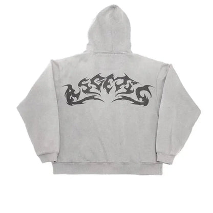 Y2K Washed Retro Gothic Flame Print Oversized Zipper Hoodie