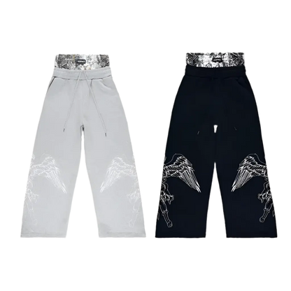 Y2K retro sweatpants high street print camouflage double waist straight leg pants angel pattern solid color men women casualwear Hominus Denim
