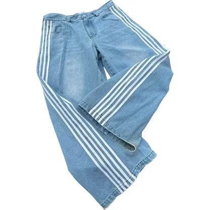 Y2k High Waisted Distressed Stripe Baggy Blue Jeans Korean Fashion Casual Style Straight Pants Classic Simple Trousers Hominus Denim