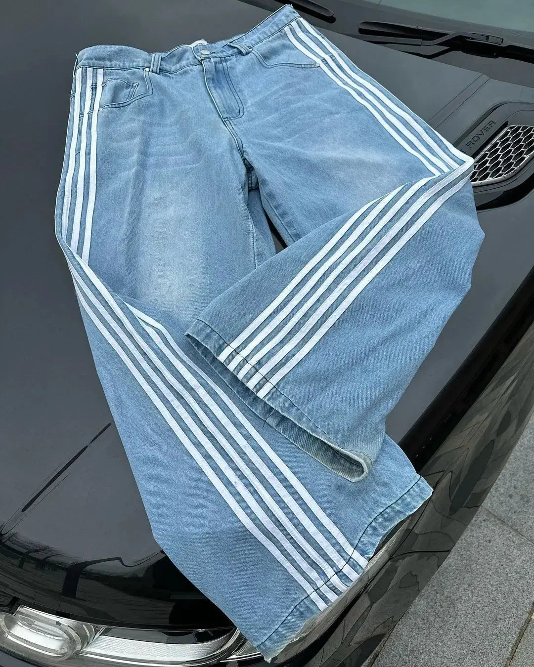 Y2k High Waisted Distressed Stripe Baggy Blue Jeans Korean Fashion Casual Style Straight Pants Classic Simple Trousers Hominus Denim